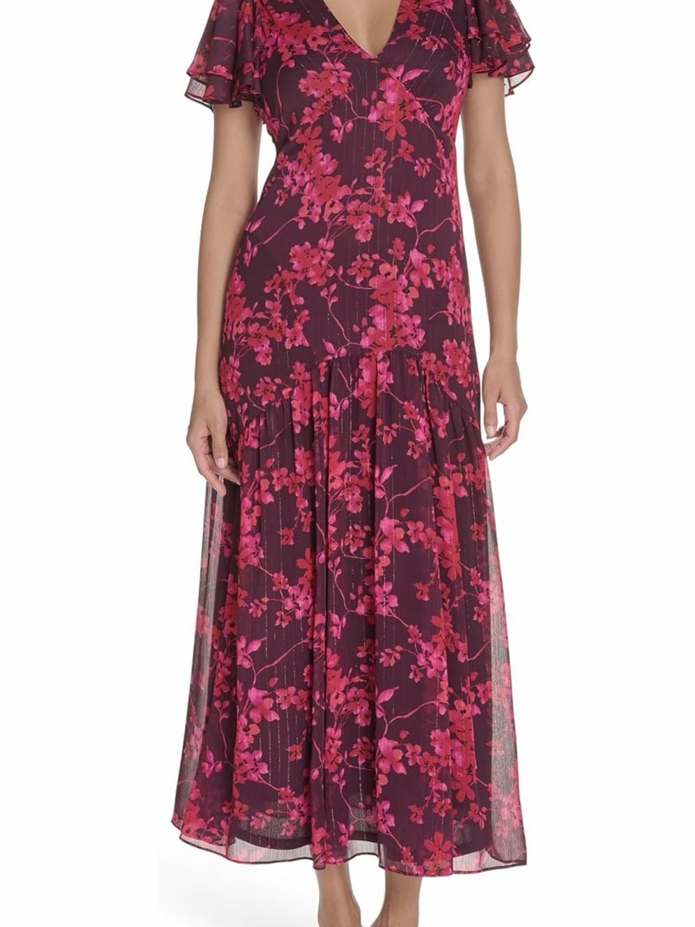 Tommy Hilfiger Berry and Hot Pink Floral V-Neck Maxi Dress
